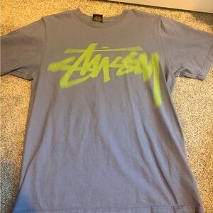 Stussy Men's Tee in Blue with Neon Green Logo